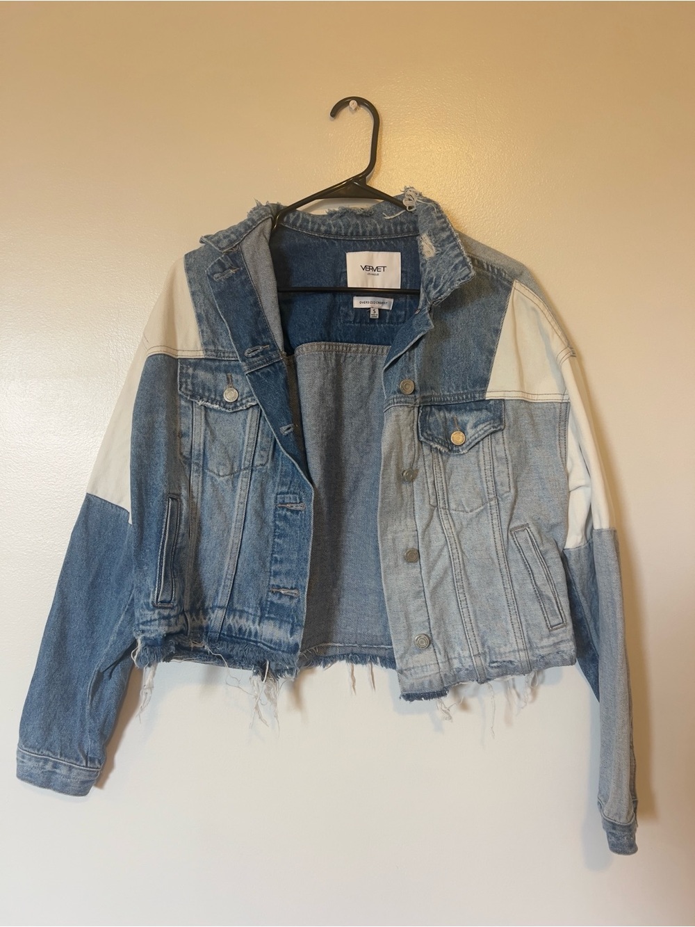 Vervet by Flying Monkey Two-Tone Cropped Denim Jacket - Blue/White